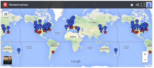 Screenshot taken from The Nanopore Site showing academic (blue) and company (red) labs.